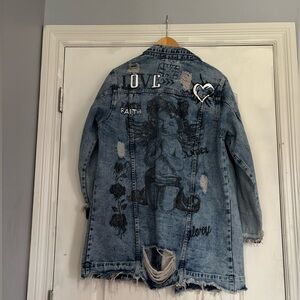 VICTORIOUS Mens Distressed Denim Jacket with Angel Print. Size Large
